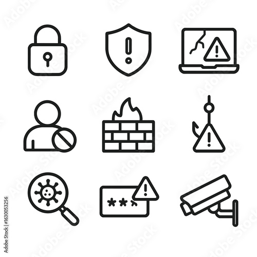 Security Icons Grid. Outline icon set of security warnings: lock, shield alert, breach detected, unauthorized access, firewall,