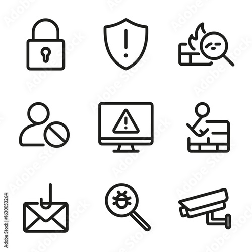 Security Icons Grid. Outline icon set of security warnings: lock, shield alert, breach detected, unauthorized access, firewall,