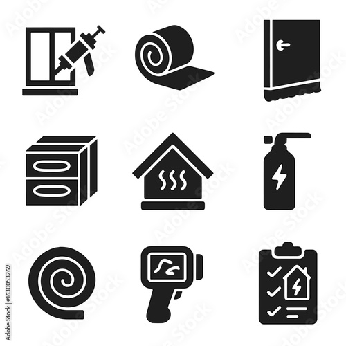Home Insulation Icons. Solid, filled icons set of home insulation and sealing: window caulk, attic insulation