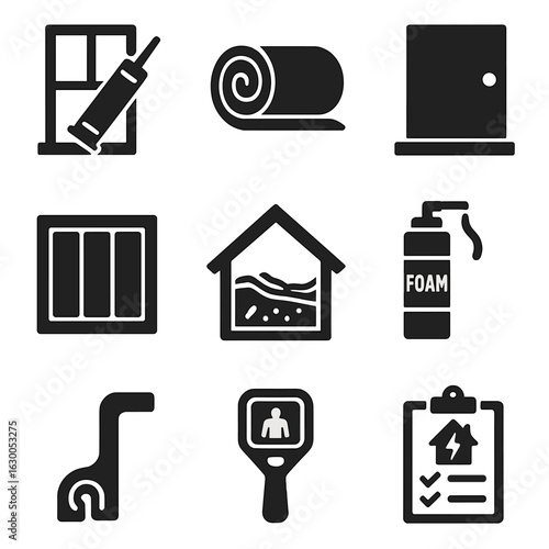 Home Insulation Icons. Solid, filled icons set of home insulation and sealing: window caulk, attic insulation