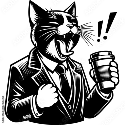 Sleepy Cat in Business Suit : A cartoon of a cat wearing a suit yawns wide while holding a cup of coffee.