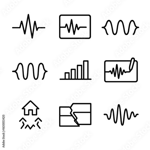 Seismic Icons Grid. Outline icon set of seismic oscillation: earthquake wave, seismic graph, P-wave, S-wave, Richter scale,