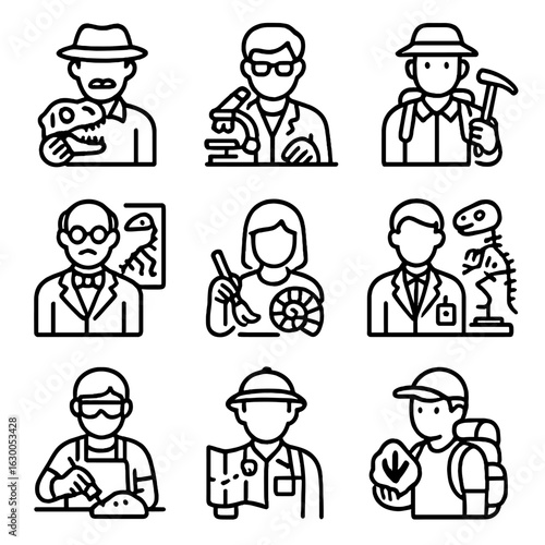 Fossil Scientist Icons. Outline icon set of fossil scientists: paleontologist, lab technician, field researcher, professor,