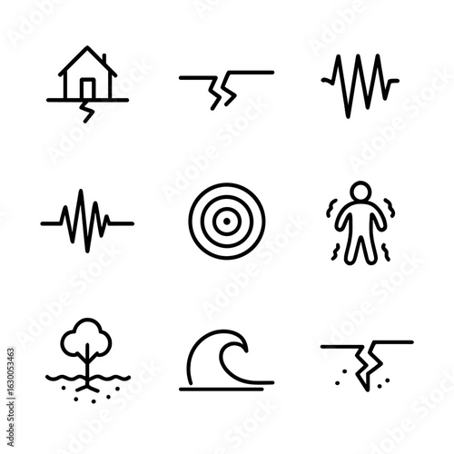 Seismic Icon Set. Outline icon set of seismic phenomena: earthquake, fault line, aftershock, seismic wave, epicenter, tremor,