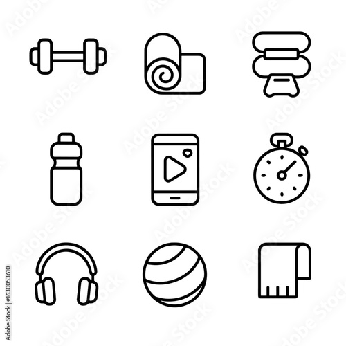 Home Workout Icons. Outline icon set of home workout: dumbbells, yoga mat, resistance bands, water bottle,
