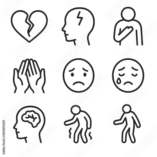 Fragile Icons Set. Outline icon set of fragile conditions: cracked heart, broken trust, fragile emotions, delicate balance,
