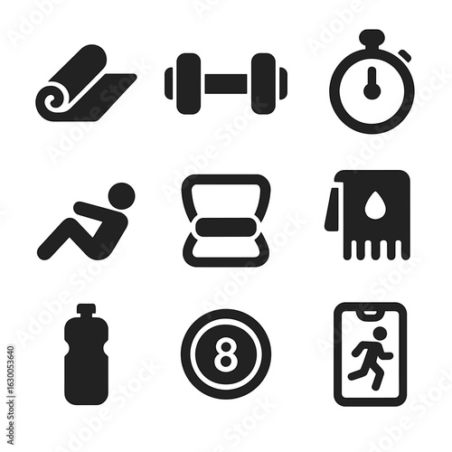Home Workout Icons. Solid, filled icons set of home ab workouts: yoga mat, dumbbell for core, timer stopwatch,