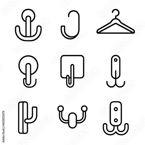 Hook Icon Collection. Outline icon set of bath and robe hooks: bathrobe hook, towel hook, robe hanger, suction