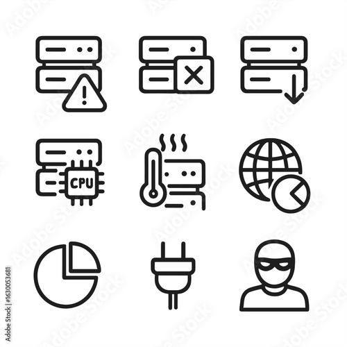 Server Alert Icons. Outline icon set of server alerts: warning sign, error message, server down, high CPU load, overheating,