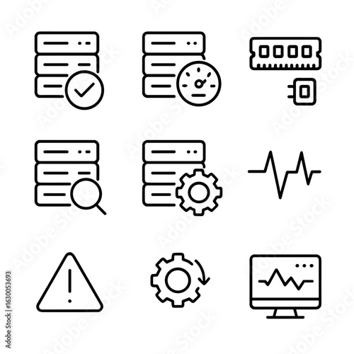 Server Health Icon Set. Outline icon set of server health ping checks: health check ping, CPU usage ping, memory usage ping, disk