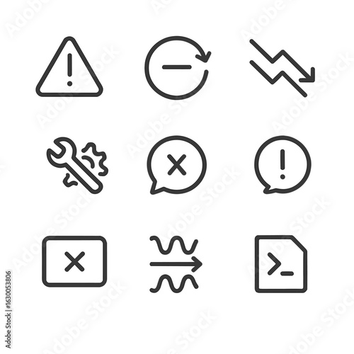 Icon Sets Collection. Outline icon set of negative feedback: warning sign, minus sign in loop, downward trend arrow, corrective