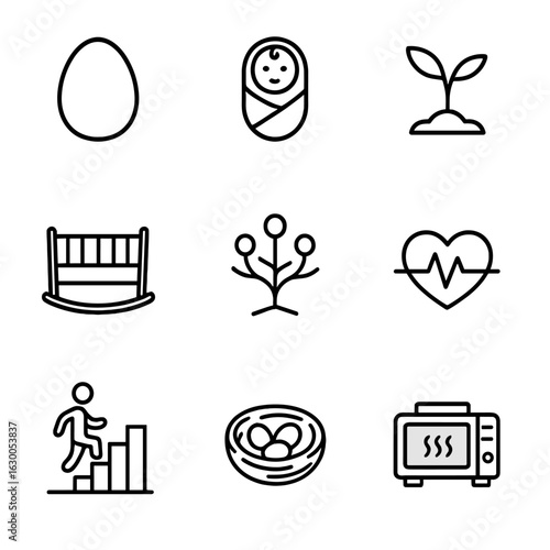 Icon Sets Compilation. Outline icon set of origin in life cycle: egg, newborn baby, seedling, cradle, family tree, heartbeat,