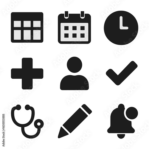Hospital Shift Icons. Solid, filled icons set of Hospital shift planning: timetable, calendar, clock, medical