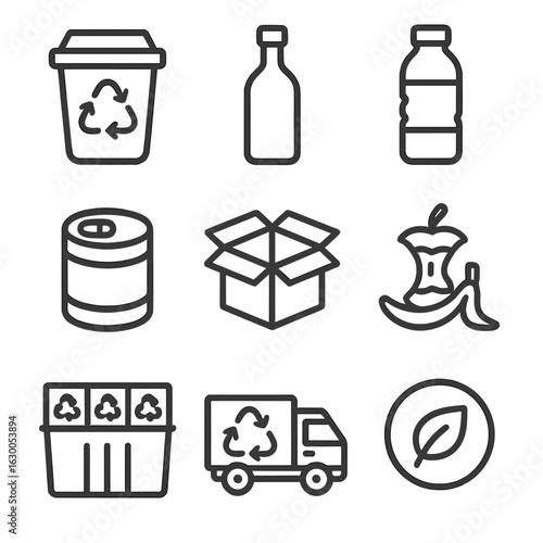 Hospitality Recycling Icons. Outline icon set of hospitality recycling: paper recycling bin, glass bottle,