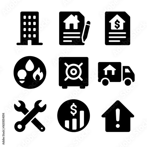 Housing Payment Icons. Solid, filled icons set of housing and rent payments: apartment building, lease