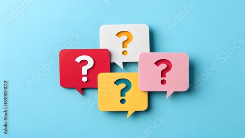 Colorful Question Marks in Speech Bubbles on Light Blue Background