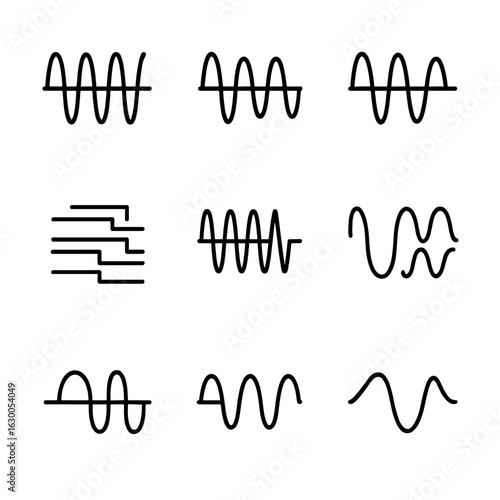 Frequency Modulation Icons. Outline icon set of frequency modulation types: AM, FM, PM, QAM, OFDM, FSK, PSK, GMSK, CPM. Line icons