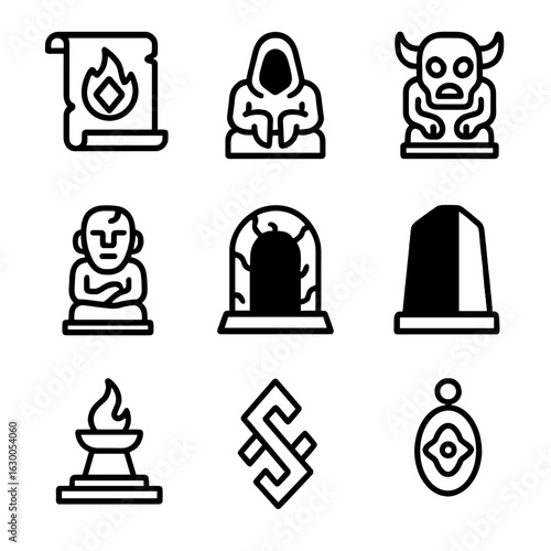 Shadow Artifact Icons. Outline icon set of shadow artifacts: ancient relic, shadow statue, dark idol, cursed sculpture, shadow