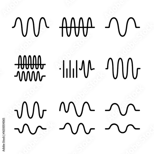 Frequency Modulation Icons. Outline icon set of frequency modulation types: AM, FM, PM, QAM, OFDM, FSK, PSK, GMSK, CPM. Line icons
