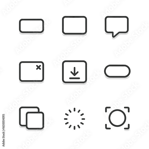 Shadow Effect Icons. Outline icon set of shadow effects in UI: shadow button, shadow card, shadow popup, shadow modal, shadow