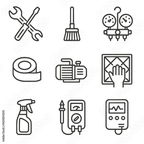 HVAC Tools Icons. Outline icon set of HVAC maintenance tools: wrench, screwdriver, cleaning brush, refrigerant
