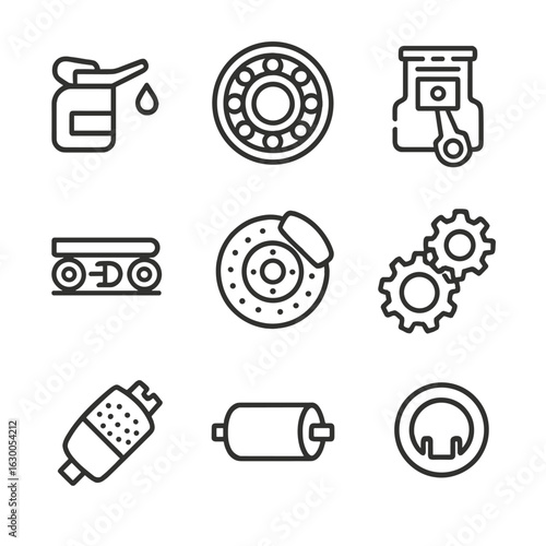 Friction Engineering Icons. Outline icon set of friction in engineering: lubrication, bearing friction, engine parts, conveyor