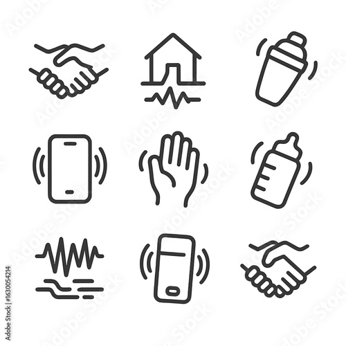 Shake Effects Icons. Outline icon set of shake effects: hand shake, earthquake, cocktail shaker, vibrating phone, trembling