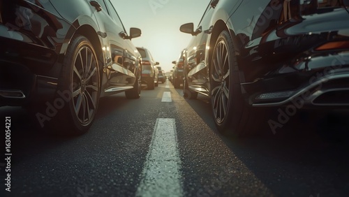 Golden hour road scene, car wheel close-up