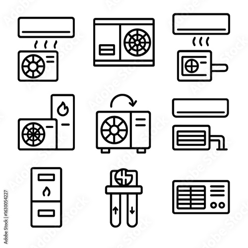 HVAC System Icons. Outline icon set of HVAC system types: split system, packaged unit, ductless mini-split,