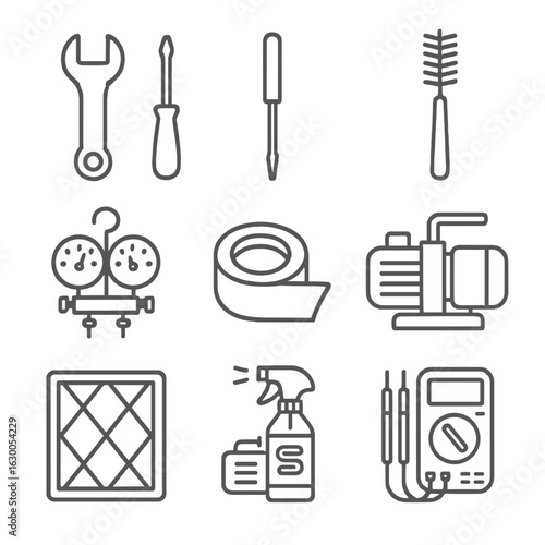HVAC Tools Icons. Outline icon set of HVAC maintenance tools: wrench, screwdriver, cleaning brush, refrigerant