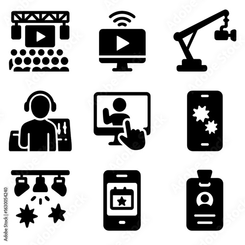 Hybrid Concert Icons. Solid, filled icons set of hybrid concerts (live + virtual): stage with crowd,
