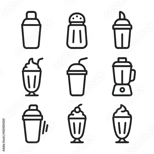 Shake Drinks Icon Set. Outline icon set of shake drinks and food: cocktail shaker, salt shaker, spice shaker, sugar shaker,