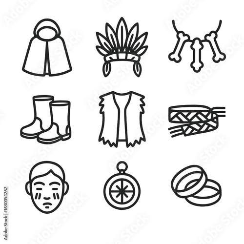 Shaman Outfit Icons. Outline icon set of shaman clothing and accessories: cloak, feather headdress, bone necklace, leather boots,