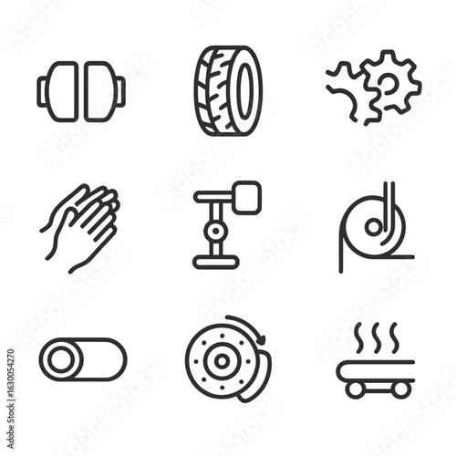 Friction Mechanics Icons. Outline icon set of friction in mechanics: brake pads, car tires, gear teeth, rubbing hands, skateboard