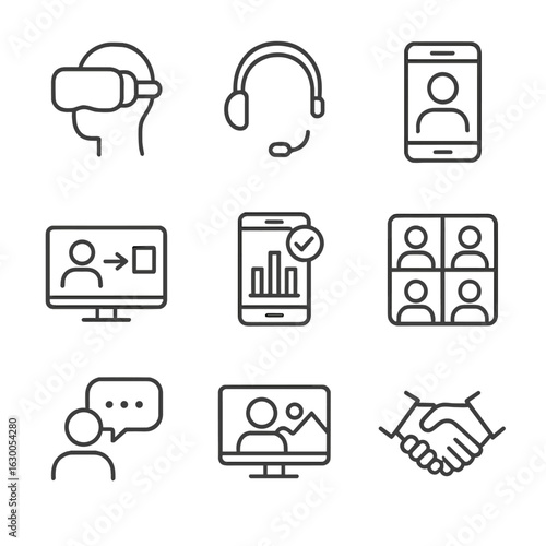 Hybrid Event Icons. Outline icon set of Hybrid Event Experience: VR headset, headset, mobile device, screen