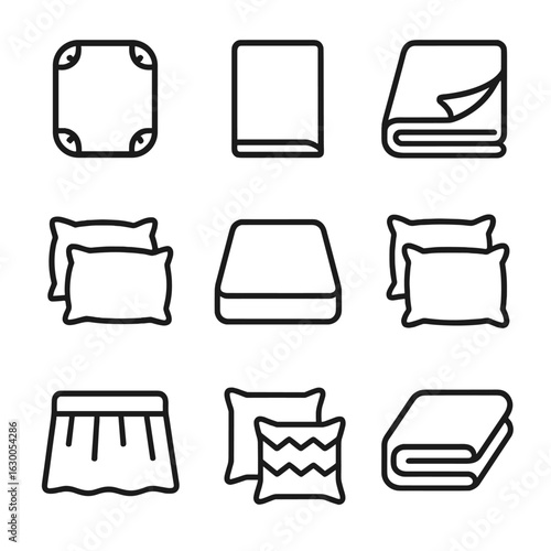 Sheet Set Icons. Outline icon set of sheet sets: fitted sheet, flat sheet, pillowcase set, duvet cover, mattress protector, pillow