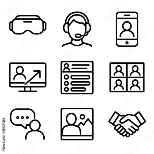 Hybrid Event Icons. Outline icon set of Hybrid Event Experience: VR headset, headset, mobile device, screen