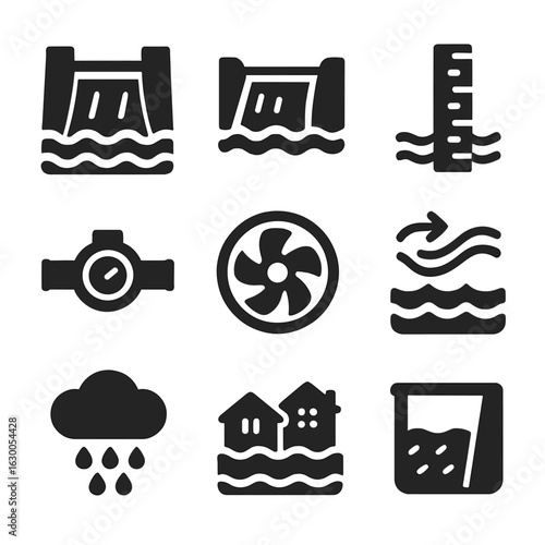 Hydrology Icons Grid. Solid, filled icons set of hydrology and water flow management: dam, weir, water gauge,