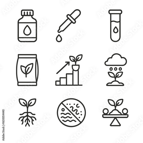 Hydroponic Icon Set. Outline icon set of hydroponic nutrient management: chemical bottle, dropper, test tube,