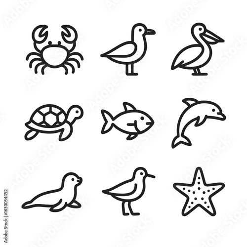 Shore Animal Line Icons. Outline icon set of shore animals: crab, seagull, pelican, turtle, fish, dolphin, seal, sandpiper,