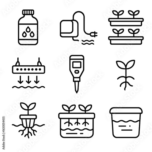 Hydroponic Gardening Icons. Outline icon set of hydroponic gardening: nutrient solution, water pump, growing