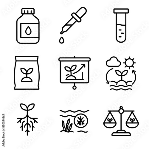 Hydroponic Icon Set. Outline icon set of hydroponic nutrient management: chemical bottle, dropper, test tube,