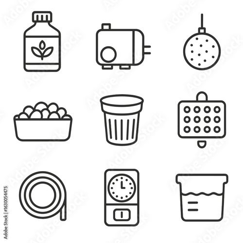 Hydroponic Icons Grid. Outline icon set of hydroponic components: nutrient mix, water pump, air stone, growing