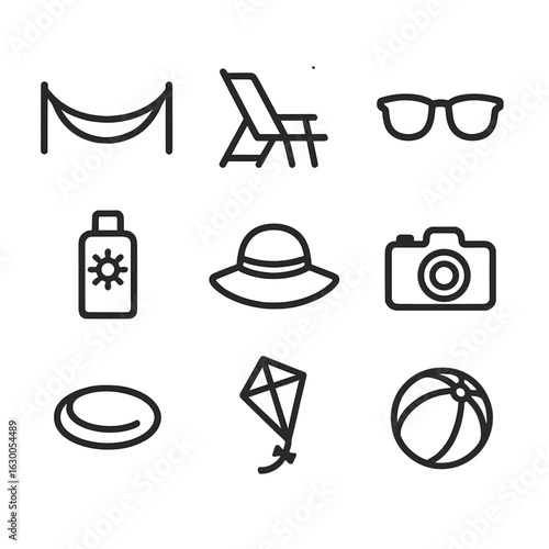 Shore Leisure Icons. Outline icon set of shore leisure: hammock, beach chair, sunglasses, sunscreen, sun hat, camera, frisbee,