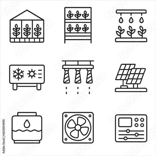 Hydroponic Infrastructure Icons. Outline icon set of hydroponic market infrastructure: greenhouse, vertical