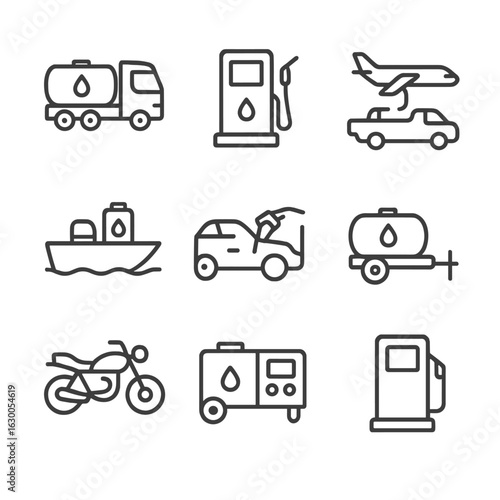 Fuel Vehicle Icons. Outline icon set of fuel vehicles: fuel truck, gas station, airplane refueling, boat fuel tank, car fuel