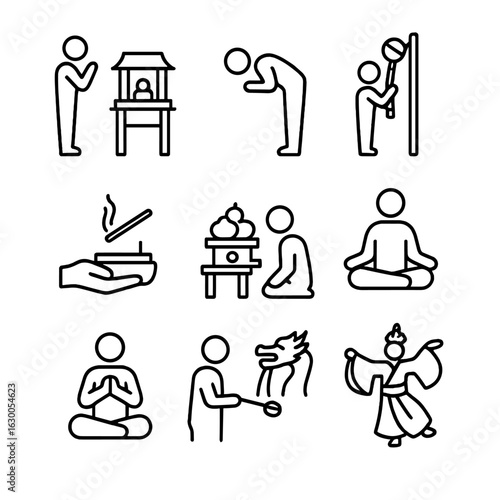 Shrine Rituals Icons. Outline icon set of shrine rituals and ceremonies: prayer, bowing, ringing bell, lighting incense, offering