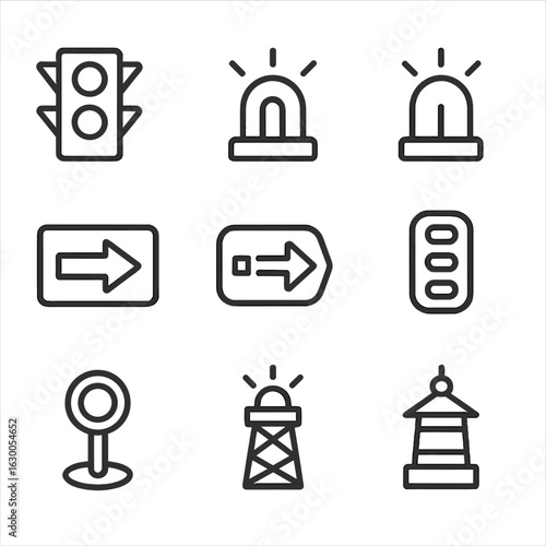 Signal Light Icons. Outline icon set of signaling lights: traffic light, warning beacon, emergency siren light, indicator arrow,