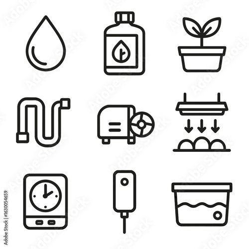 Hydroponics Icon Set. Outline icon set of hydroponic greenhouse plants: water droplet, nutrient solution,