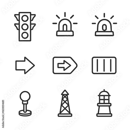 Signal Light Icons. Outline icon set of signaling lights: traffic light, warning beacon, emergency siren light, indicator arrow,